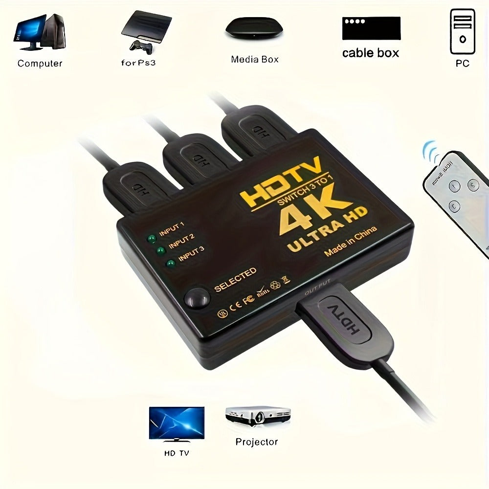 HDMI Switch 3 In 1 Out, 4K 1080P HD Video Switcher Splitter Hub, Adapter Converter for TV Box, Smart TV