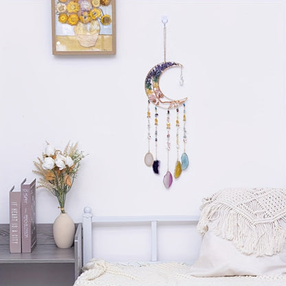 Dreamcatcher Moon Suncatcher Wall Hanging, Handmade Boho Wind Chime Pendant for Indoor Outdoor Garden