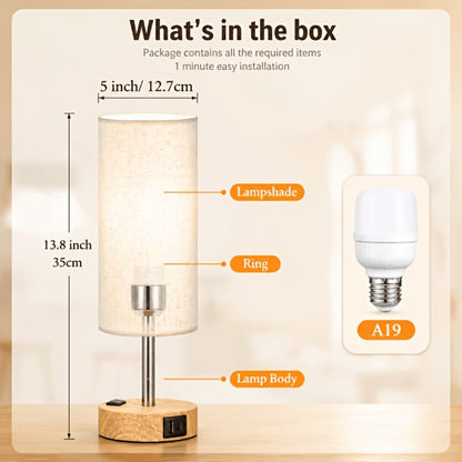 Table Lamp HOODINK with Cylindrical Shade, 3-Way Touch Dimming, USB-A, USB-C, AC Outlet and One or Two-Pack Options