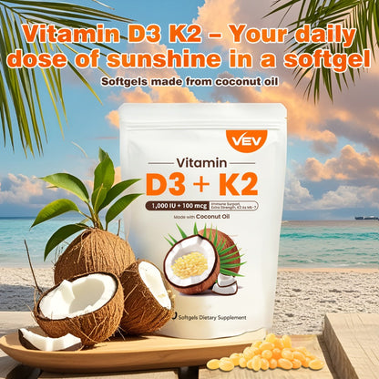 Bone Health Supplement Vitamin D3 1000 IU K2 MK-7 100mcg, 300 Softgels with Coconut Oil for Calcium Absorption