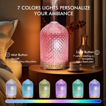 200ml Essential Oil Diffuser with Textured Glass-Style Cover, Seven-Color Light and 2H, 4H or 6H Timer