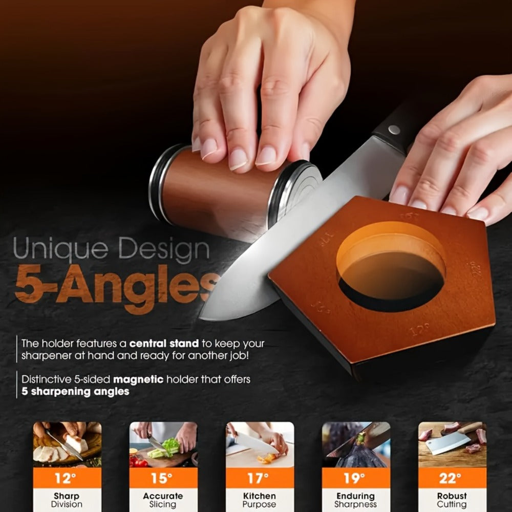 Rolling Knife Sharpener with Two-Angle or Five-Sided Magnetic Base Options in Wood Finish Design