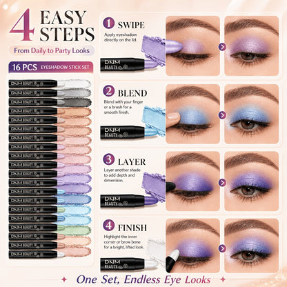 Highly Pigmented Eyeshadow Stick Set 16 Colors Waterproof Matte & Shimmer Eye Makeup Pencil Kit