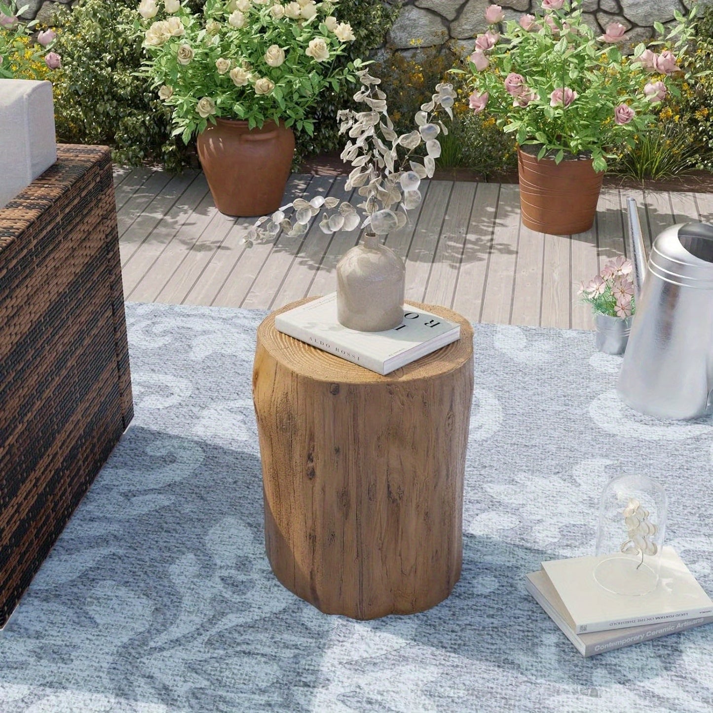 Outdoor Side Table Faux Wood Tree-Stump Design in Magnesia with Cylindrical Form and Brown Finish