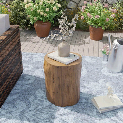 Outdoor Side Table Faux Wood Tree-Stump Design in Magnesia with Cylindrical Form and Brown Finish