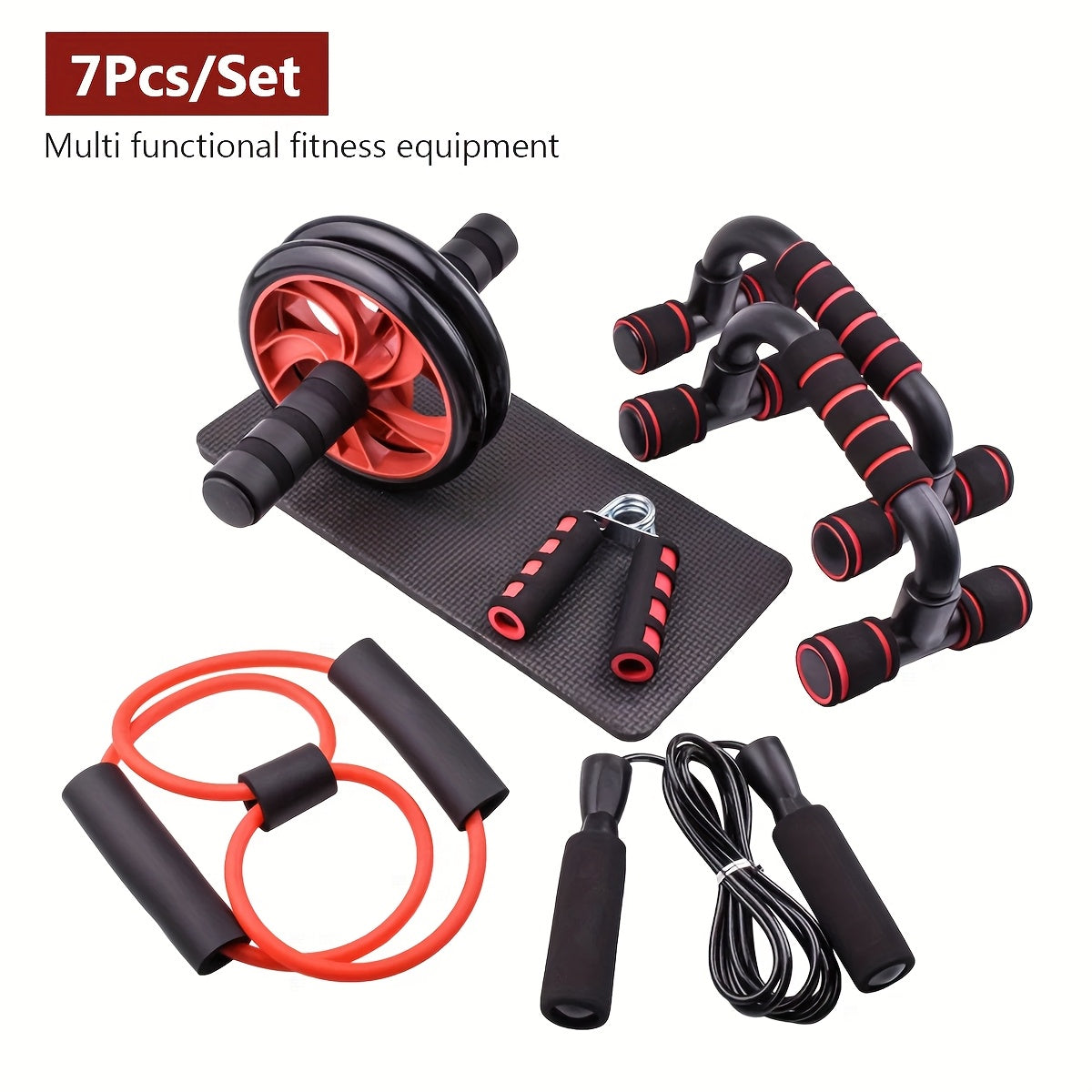 7-Piece Ab Workout Set – Push-Up Bars, Ab Wheel, Mini Mat, Resistance Band, Jump Rope & Hand Gripper – Core Training Kit for Men & Women