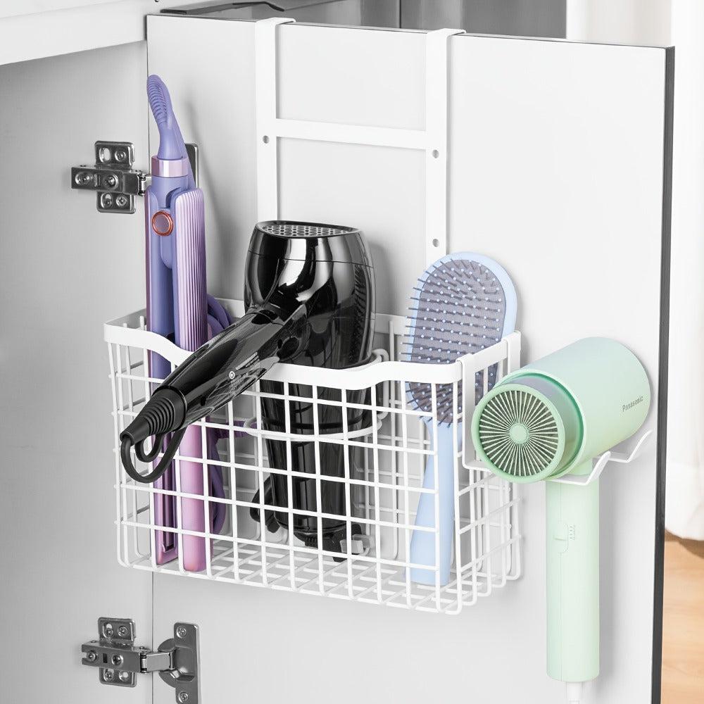 Hanging Hair Tool Organizer with Adjustable Mounting Height, Wire Basket and Black or White Finish