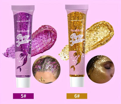 Face Body Glitter Gel Set 30 Pieces – Colorful Shapes Mermaid Sequin Stars Hearts, Transparent Gel Base, Skin-Safe Shimmer Makeup