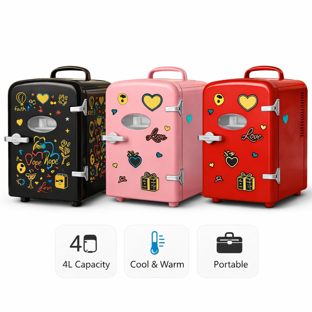 4-Liter Portable Mini Cooler and Warmer with Decorative Stickers, Carry Handle, Shelf and Black, Pink or Red Options