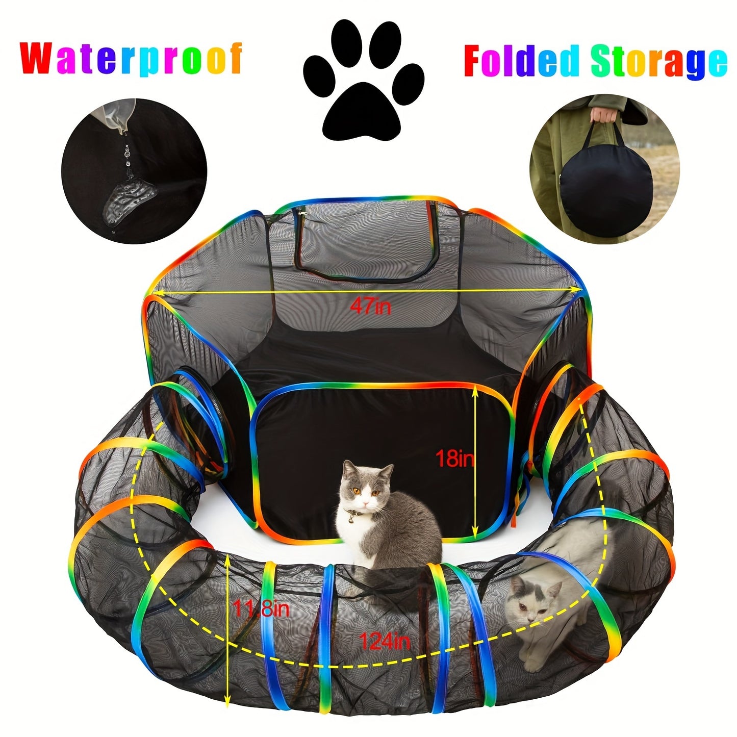 Outdoor Cat Enclosure with Play Tunnel – Portable Catio Tent & Cat Playpen for Indoor Cats, Cage-Free Outside Cat Run with Enclosed Tunnel