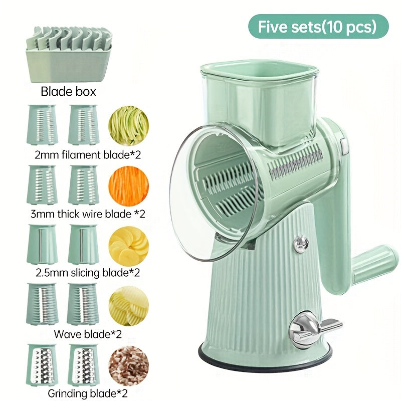 Rotary Cheese Grater with Interchangeable Blades, 5-in-1 Manual Vegetable Slicer Shredder Set, Suction Cup Base
