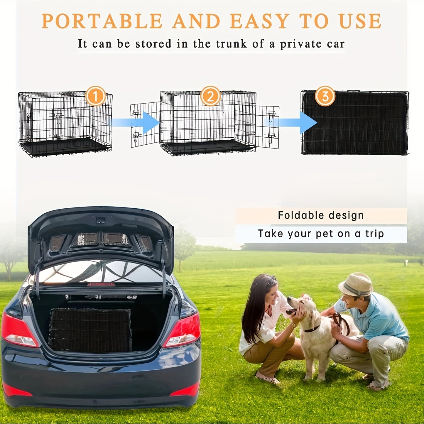 Dog Crate Double Door Folding Metal Cage with Divider & Leak-Proof Tray – 42 & 48 Inch Wire Kennel for Puppies, Medium & Large Dogs