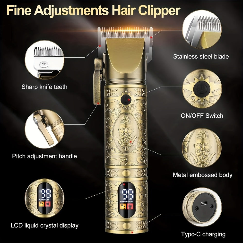 Cordless Hair Clipper & Trimmer Kit for Men – Professional Rechargeable Grooming Set, Golden Edition, Wireless Fade Clipper with USB Charge