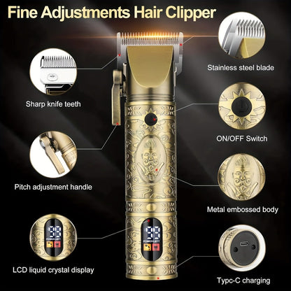 Cordless Hair Clipper & Trimmer Kit for Men – Professional Rechargeable Grooming Set, Golden Edition, Wireless Fade Clipper with USB Charge