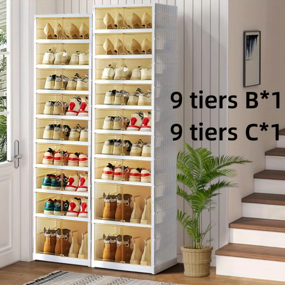 Shoe Rack Organizer 9-Tier, Collapsible Clear Plastic Foldable Stackable Shoe Cabinet with Shelves & Doors