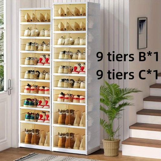 Shoe Rack Organizer 9-Tier, Collapsible Clear Plastic Foldable Stackable Shoe Cabinet with Shelves & Doors
