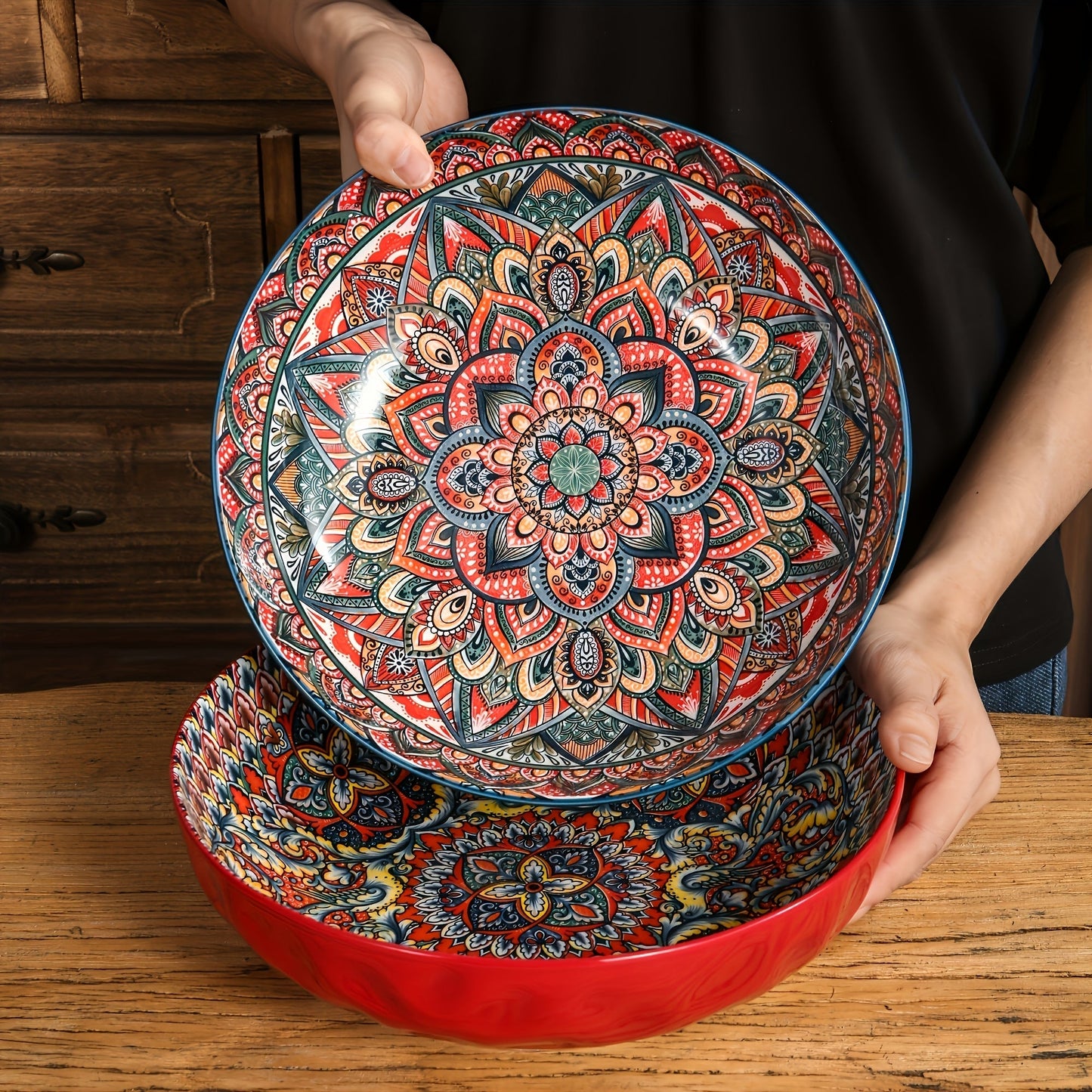 Ceramic Soup Bowl Set 2pcs Bohemian Floral Hand-Painted 25.8cm Vintage Tableware for Cooking Dining Gift