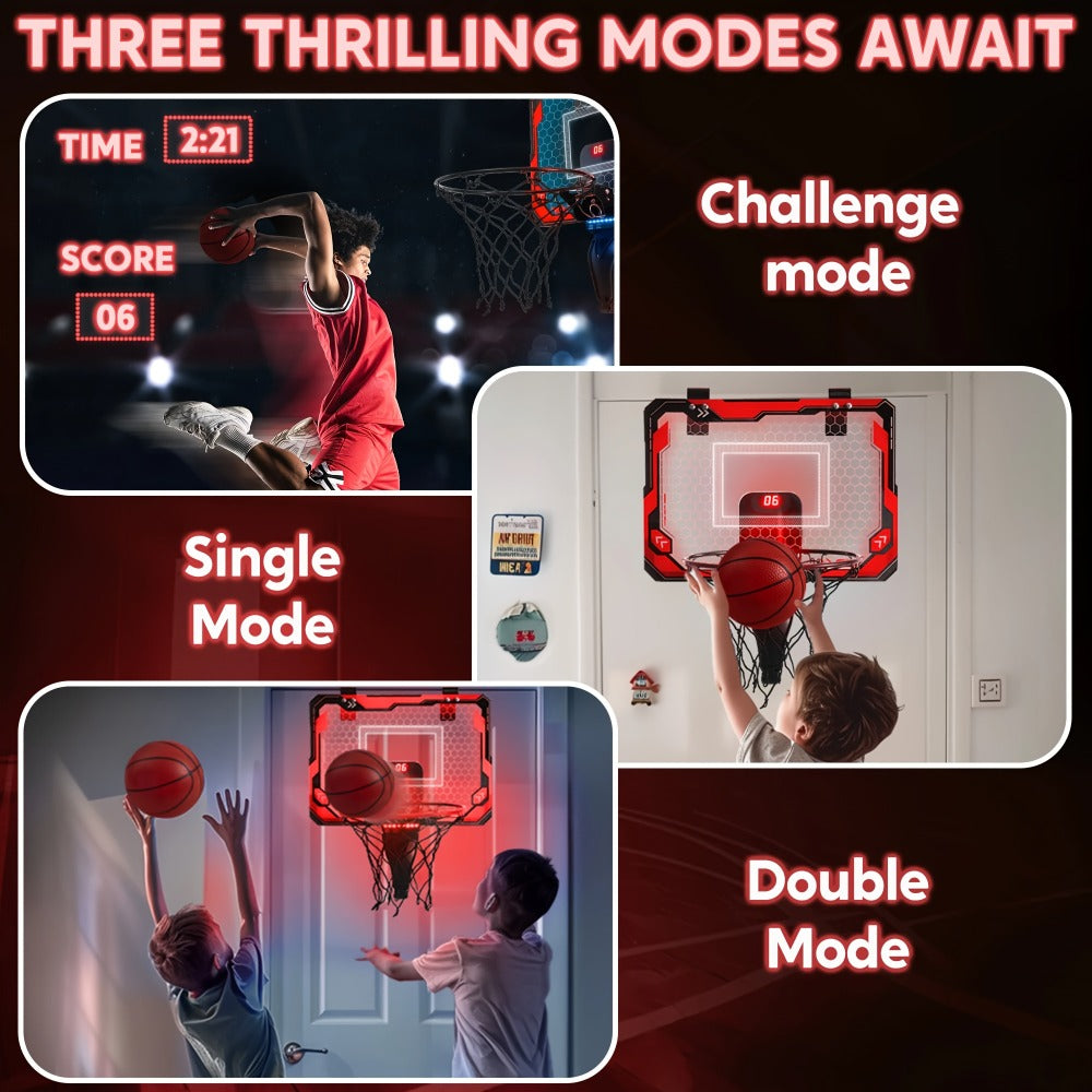 Indoor Basketball Hoop for Kids Over the Door, Light Up LED Scoreboard 4 Balls Air Pump 3 Game Modes 7 Light Shows