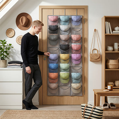 Over the Door Hat Organizer 24 Pocket - Baseball Cap Rack with Large Clear Pockets for Entryways, Bedrooms and Living Spaces