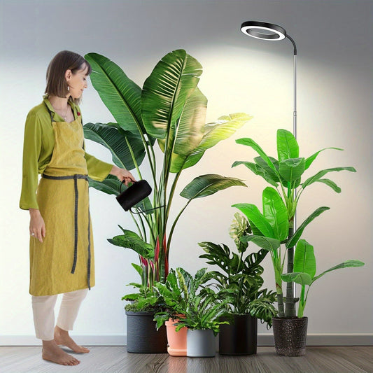 Telescopic Ring LED Plant Lamp with Flexible Gooseneck, 10-65in Pole and Black or White Options