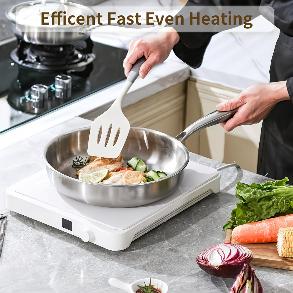 304 Stainless Steel Frying Pan 11 Inch Triply Base, Handle Even Heat Distribution for Home Cooking, Dining and Outdoor Meals