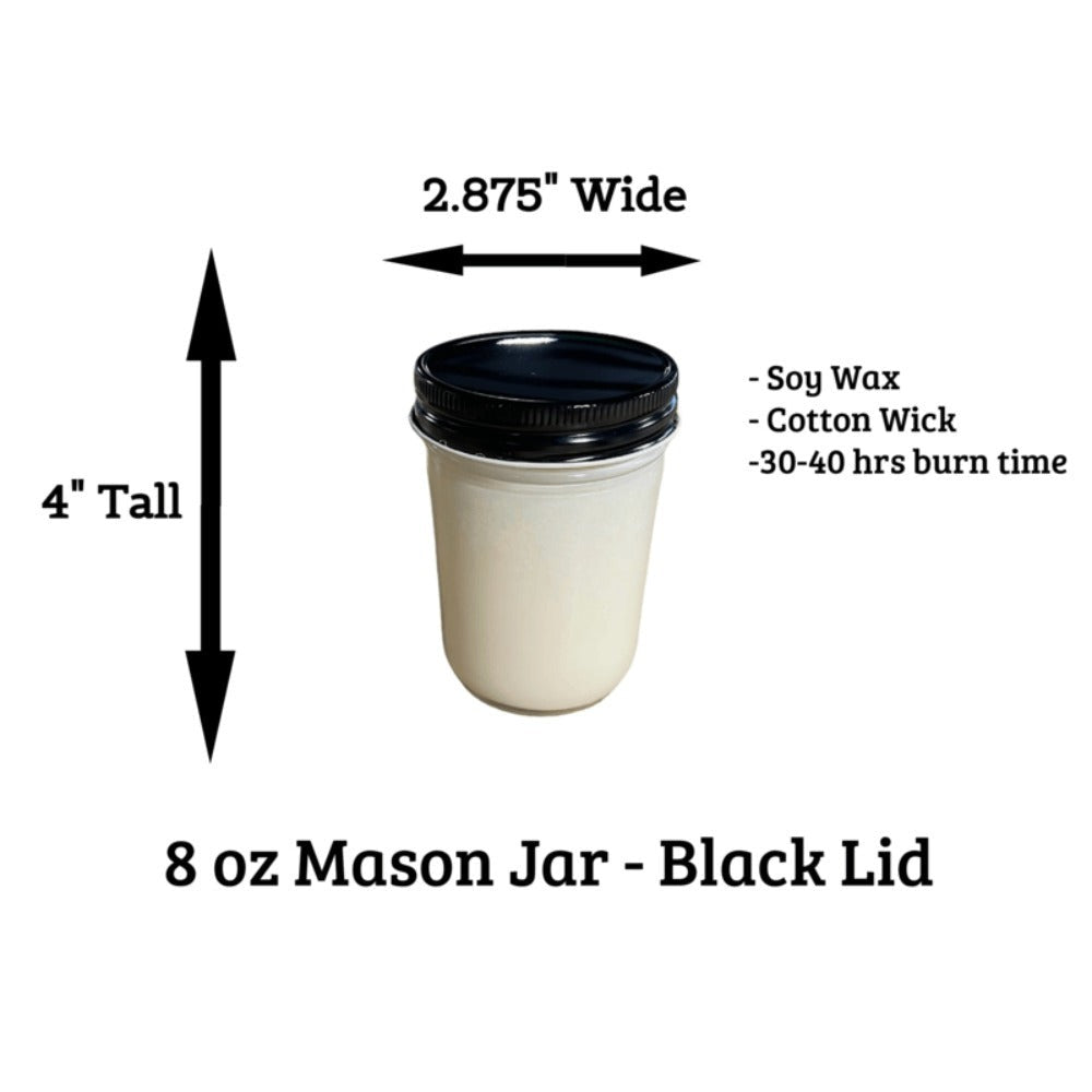 Apple Cinnamon Scented Soy Wax Candle in 8 oz Mason-Style Glass Jar with Black Lid, 4-Inch Height and 2.875-Inch Width
