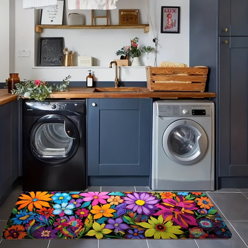 Kitchen Mat Floral Design, Rectangular Rug, 100% Polyester Floor Mat for Kitchen, Bathroom, Laundry Room