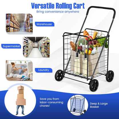 Rolling Shopping Cart Metal Basket, Foldable Grocery Utility Cart with Foam Handle Large Wheels 22 Gal for Supermarket Laundry Warehouse
