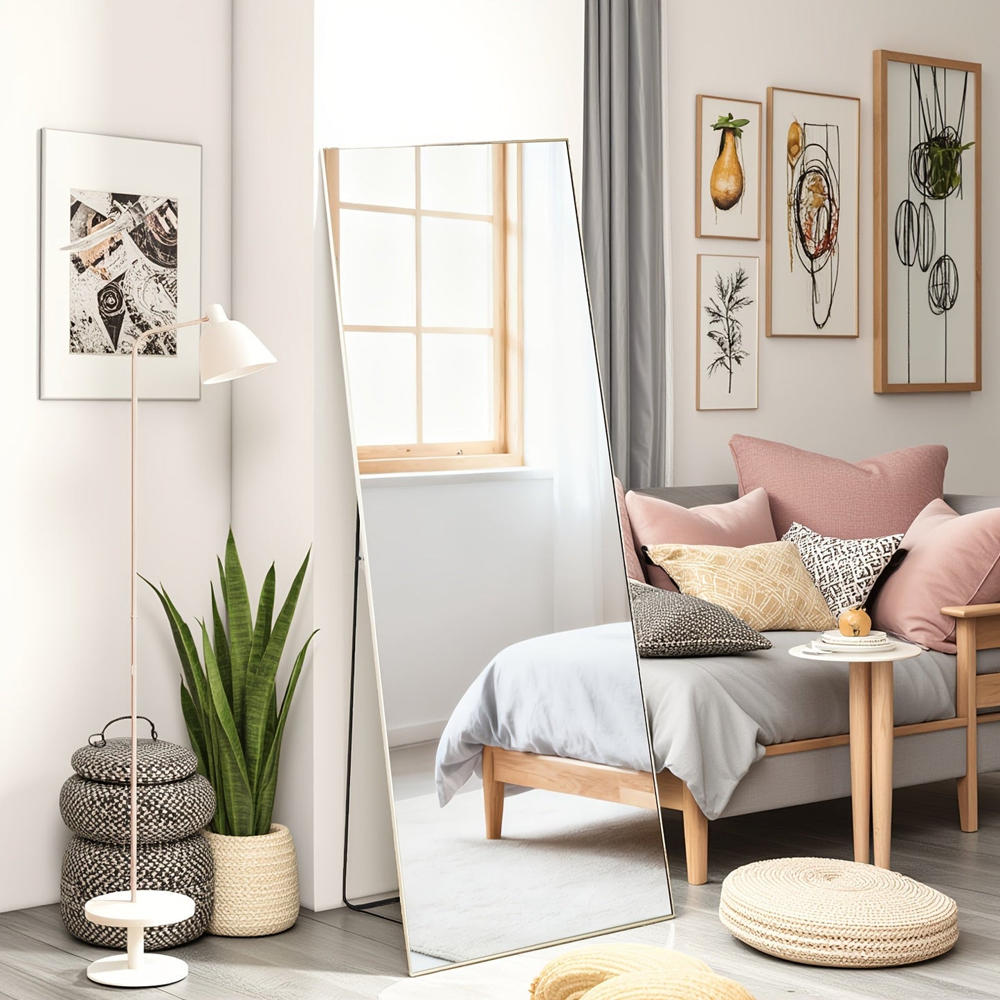 Full Length Mirror Floor Standing, Arched & Rect Body Mirror with Stand, Hanging or Leaning Wall Mirror, Aluminum Alloy Thin Frame