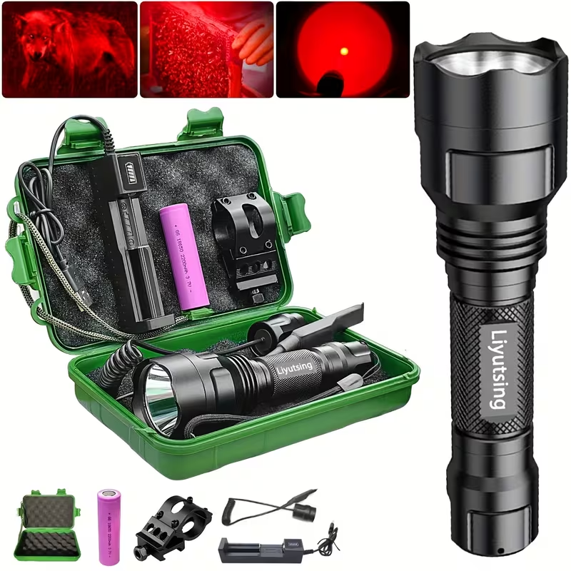 Flashlight Red, Green or White Hunting Light with Remote Switch, 18650 Battery and Mount Options