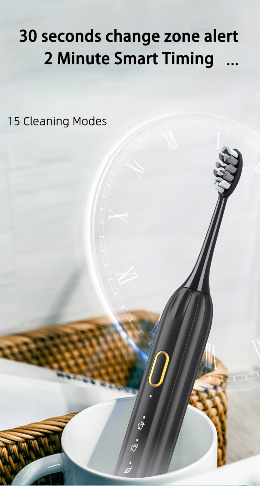 Sonic Electric Toothbrush IPX8 Waterproof USB Rechargeable with 5 Replacement Brush Heads, Smart Timer, Metal Shaft