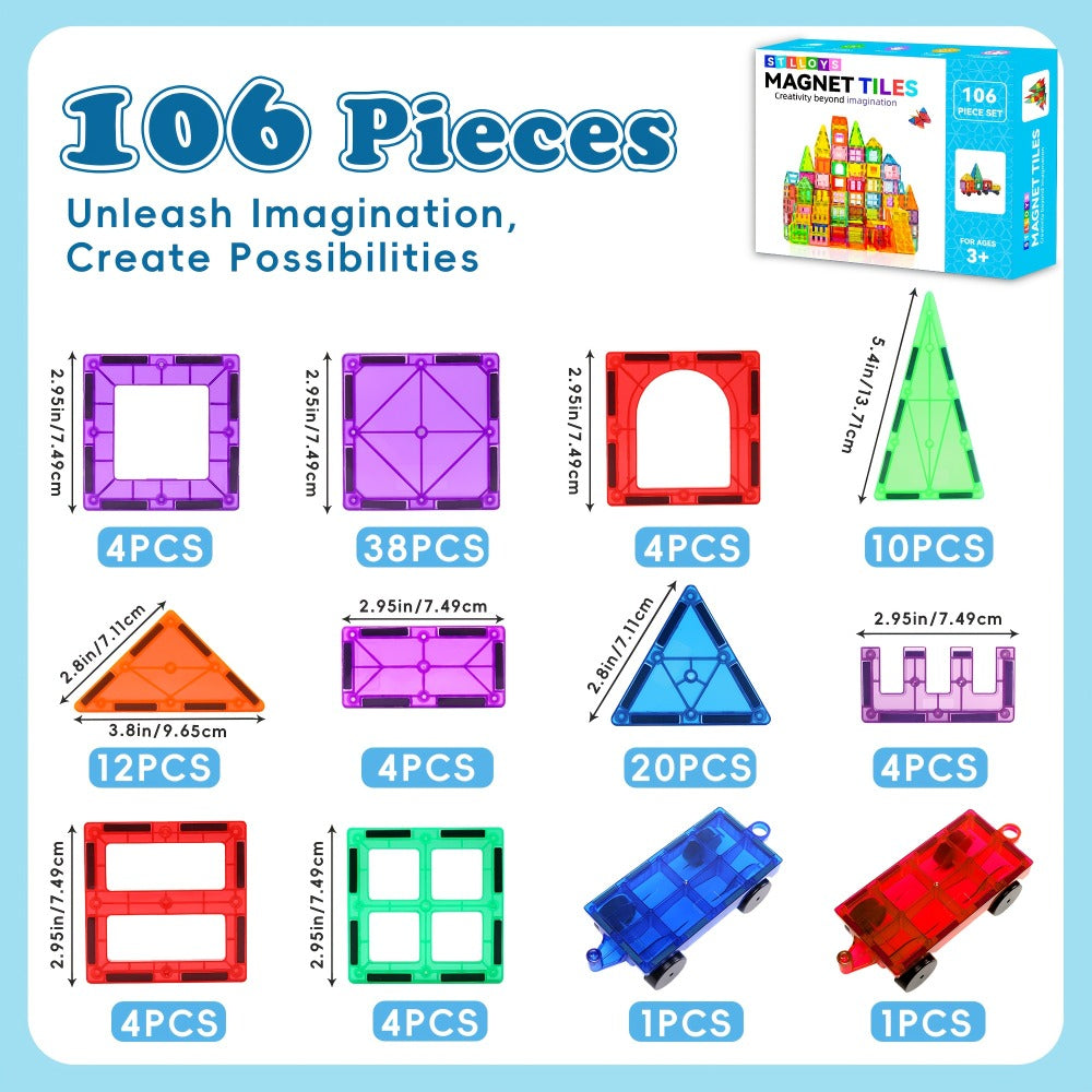 Magnetic Tiles for Kids 106/136pcs with 2 Toy Cars – STEM Approved Educational Magnet Building Blocks Set Stacking Puzzle Toy for Boys
