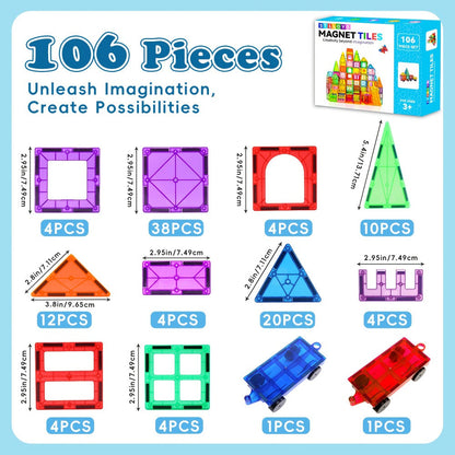 Magnetic Tiles for Kids 106/136pcs with 2 Toy Cars – STEM Approved Educational Magnet Building Blocks Set Stacking Puzzle Toy for Boys