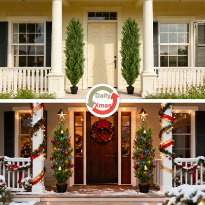Two-Pack Artificial Cedar Topiary Trees with 4, 5 or 6 ft Height Options and Optional 16-Inch Black Planters