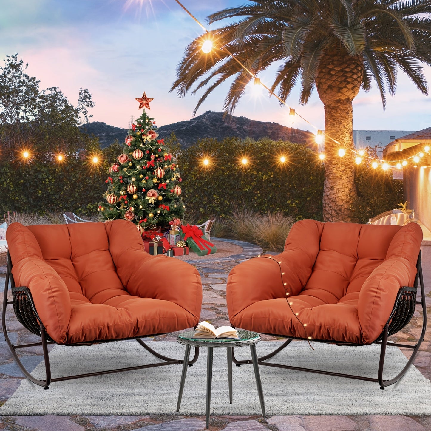 Papasan Rocking Chair Outdoor Wicker Egg Chair with Cushion & Pillow, Large Patio Rocker for Garden