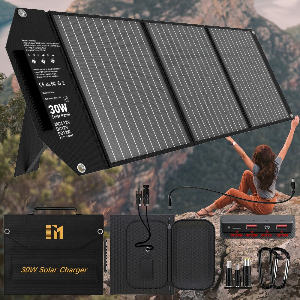Portable Solar Panel Charger 30W 60W 100W Foldable Camping Solar Charger with 18V MC4 Dual USB-A QC3.0 USB-C PD18W Ports for Camping RV