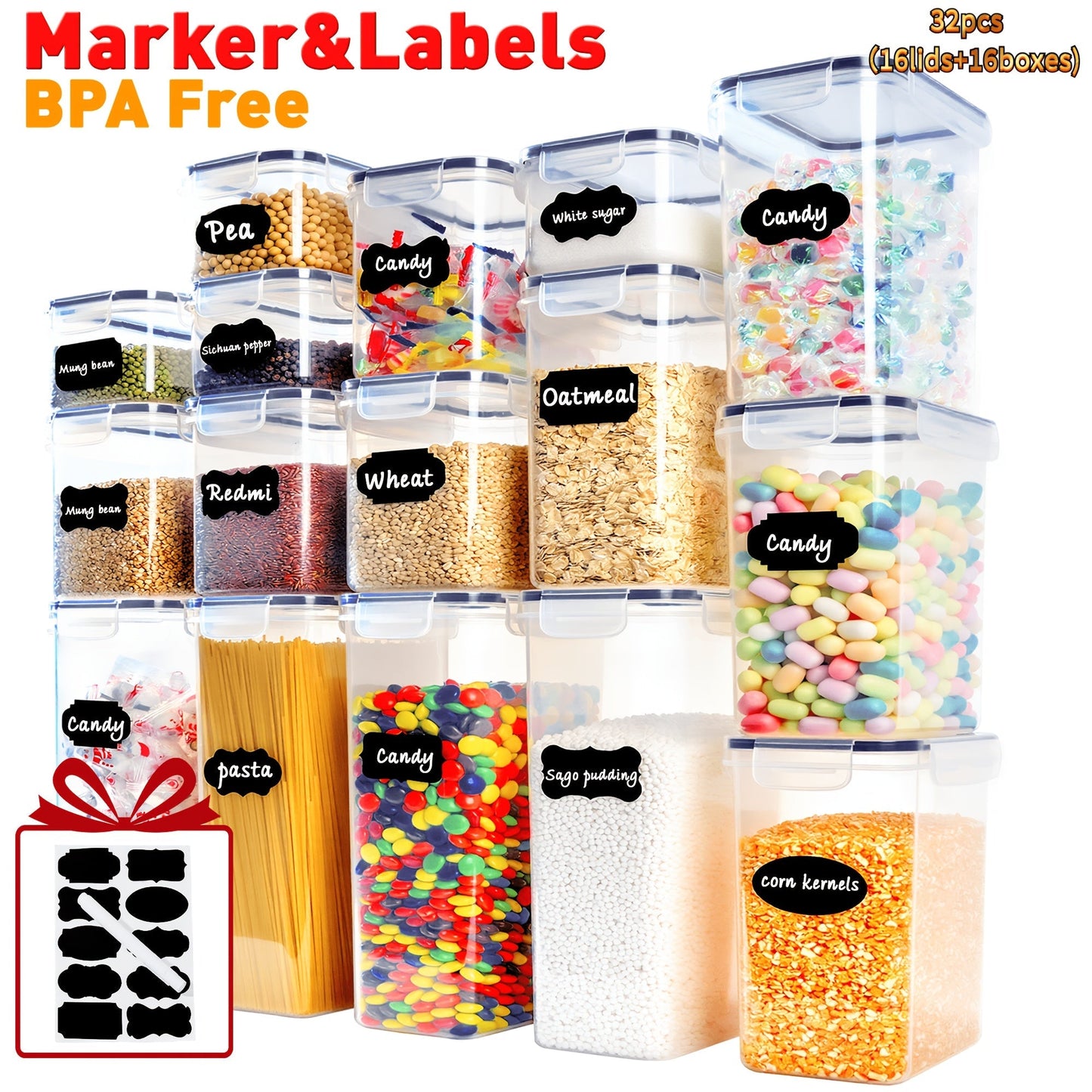 Food Storage Containers 8-, 16-, 30- or 32-Piece Rectangular Pantry Box Set with Matching Lids