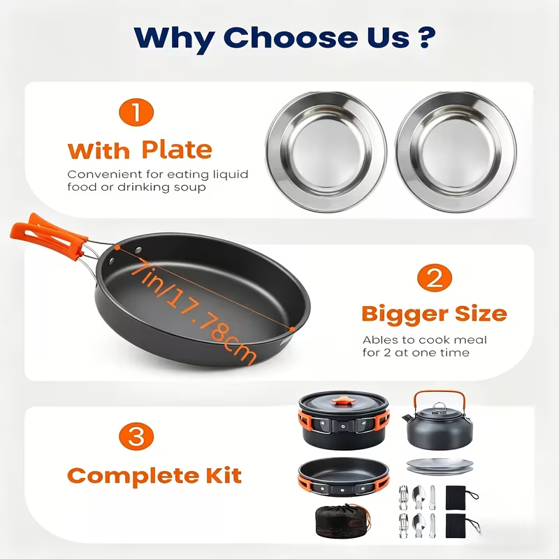 Camping Cookware Set, 8- or 14-Piece Coated Aluminum Mess Kit with Pot, Pan, Kettle, Plates and Flatware