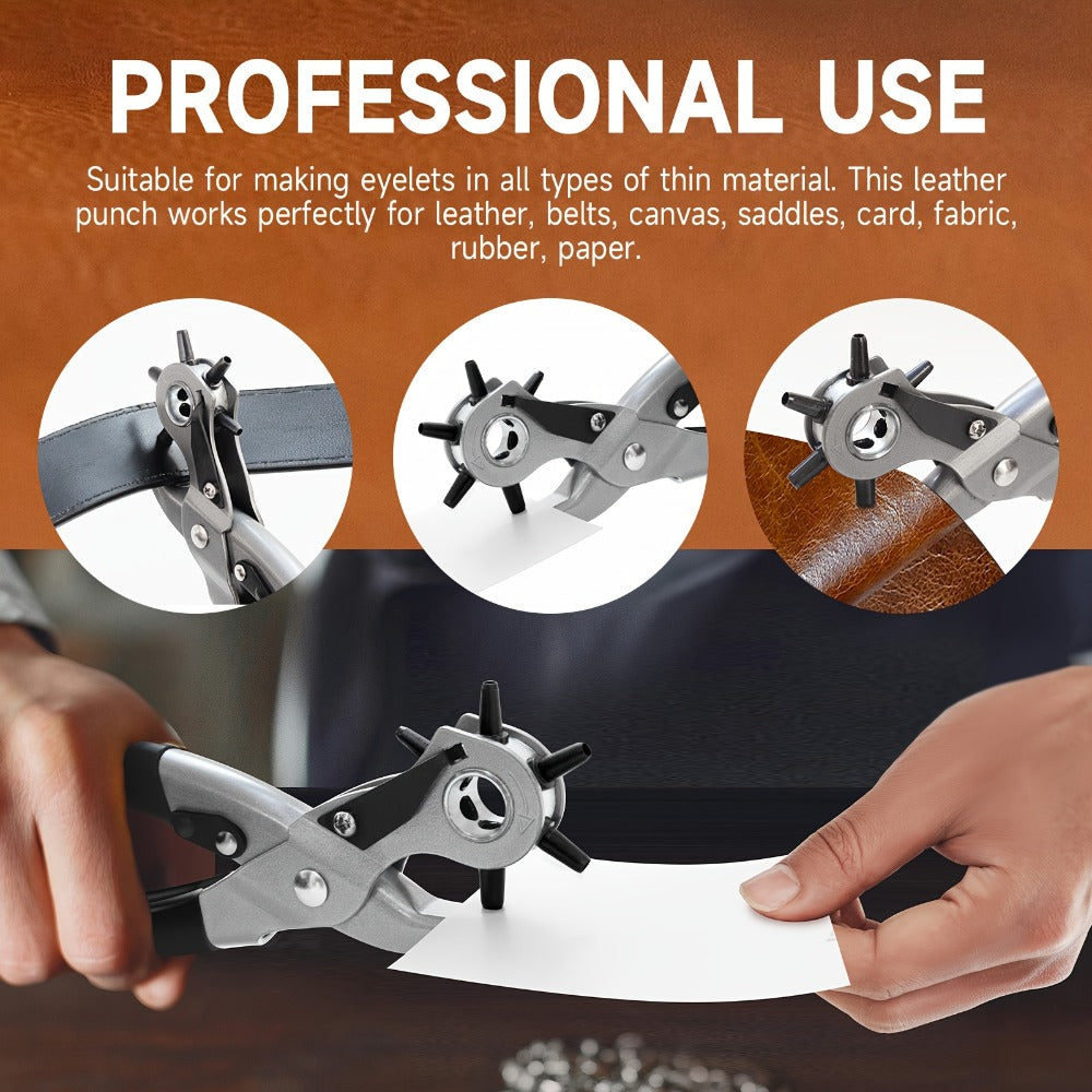 Leather Hole Punch for Belt – Heavy Duty 6-Hole Rotary Belt Puncher Kit for Saddles Shoes Fabric DIY Craft Projects Upgraded Round Hole