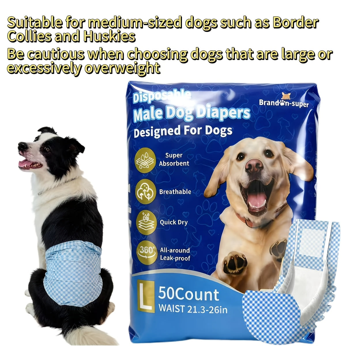 Disposable Dog Diapers 50-Pack for Male & Female Dogs – Super Absorbent Leak-Proof Pet Nappies, Comfortable Fit for Puppies, Senior Dogs