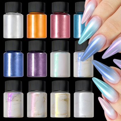 Aurora Nail Powder 12 Colors Chrome Pearl Glitter Neon Dust Holographic Iridescent Pigment Set for Chrome