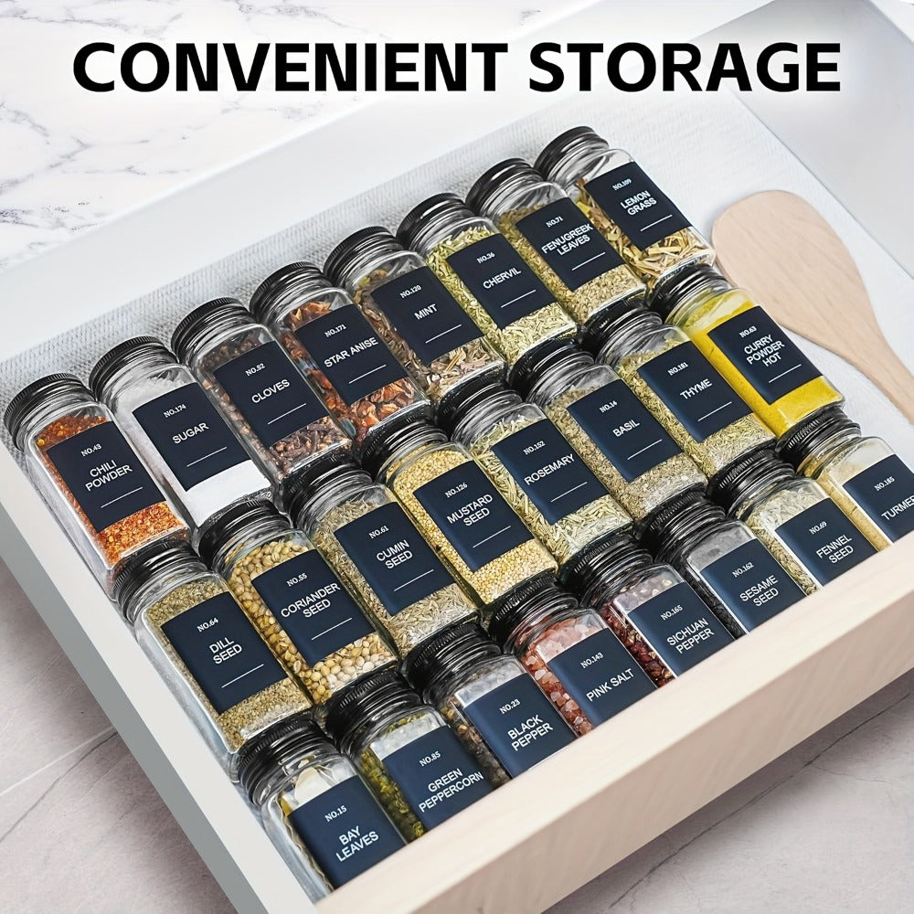 Glass Spice Jars with Labels 24 Pack – Square Empty Spice Containers with Shaker Lids for Home Cooking, Dining and Outdoor Meals