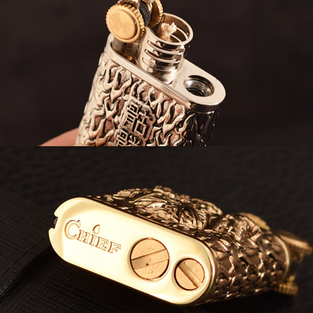 Kerosene Lighter 2-in-1 Permanent Match Flint Wheel Refillable, Golden Windproof Pocket Lighter with Built-In Match Strike