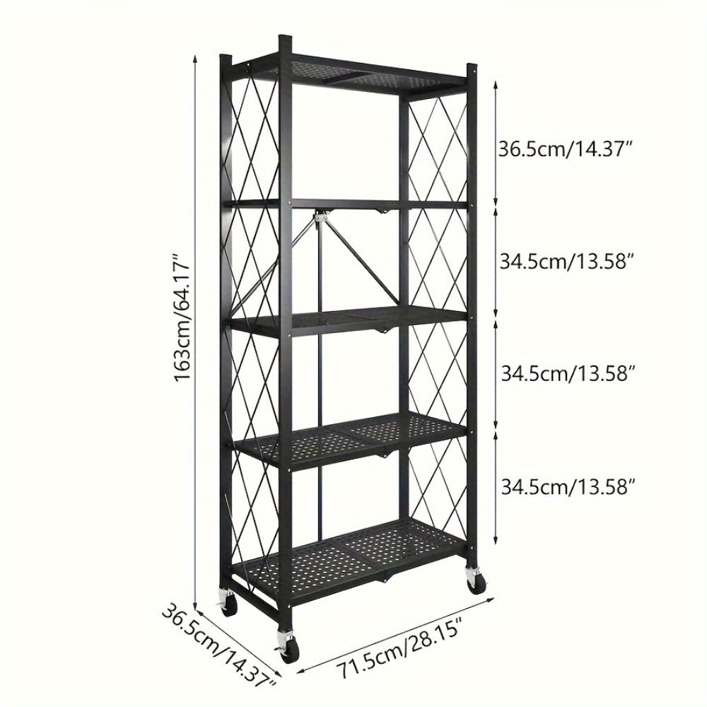 Rolling Foldable Metal Storage Shelf with Three-, Four- or Five-Tier Options in Black or White