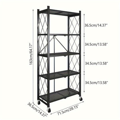 Rolling Foldable Metal Storage Shelf with Three-, Four- or Five-Tier Options in Black or White