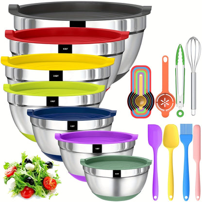 Seven-Bowl Nesting Mixing Set with Lids, Kitchen Tools and Multicolored, Black, Gray or Khaki Options