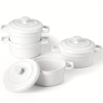 Mini Cocotte Ceramic Casserole Dishes Set of 4 with Lids and Handles - 12oz Baking Ramekins Microwave Cookware
