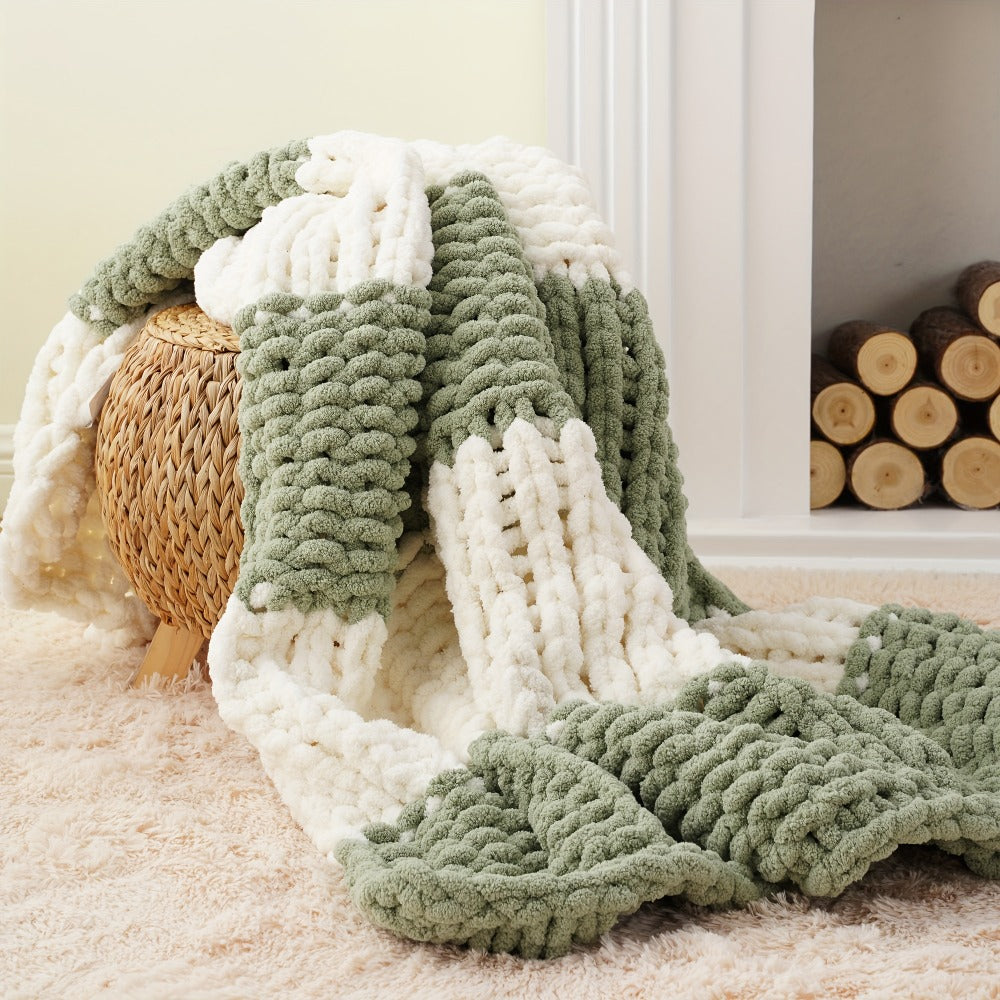 Chunky Chenille Cable Knit Throw Blanket, 350-400gsm Crochet Throw for Sofa, Bed & Couch, Vintage Patchwork