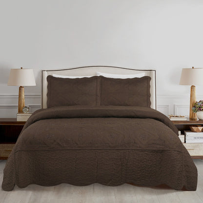 Quilt Set 3 Piece Floral Embroidery Bedspread – 100% Polyester Wrinkle Resistant Lightweight Quilted Coverlet with 2 Pillow Shams for Full