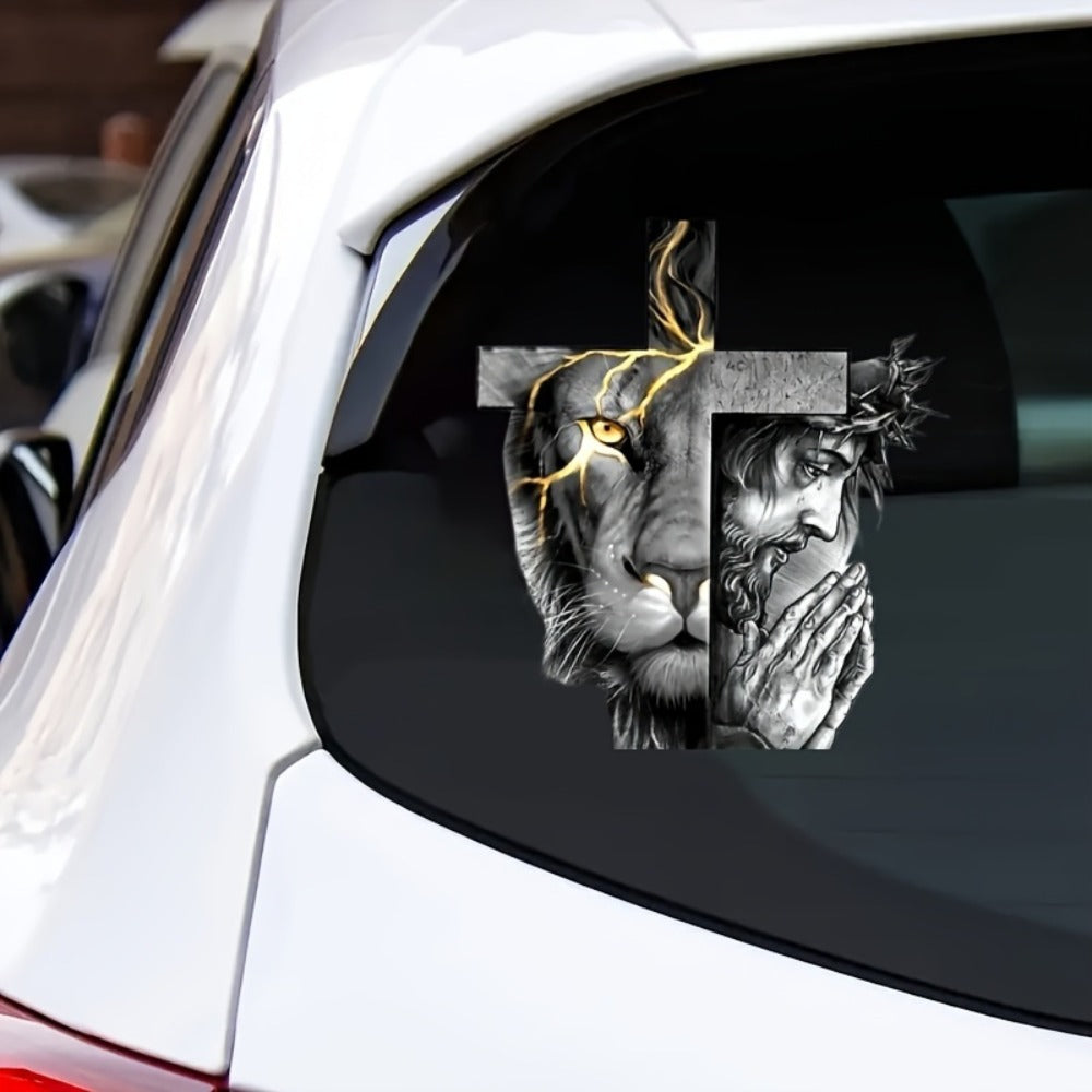 Two-Piece Lion-and-Cross Decal Set with Black-and-Gold Portrait Artwork for Vehicle or Flat Surfaces
